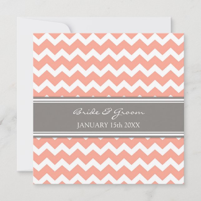 Invitations Chevron gris de corail de mariage (Devant)