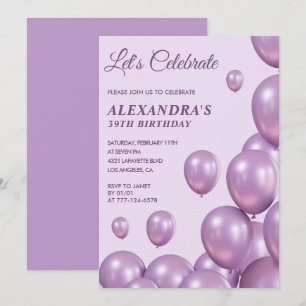 Invitations chic 39e anniversaire Ballons violet