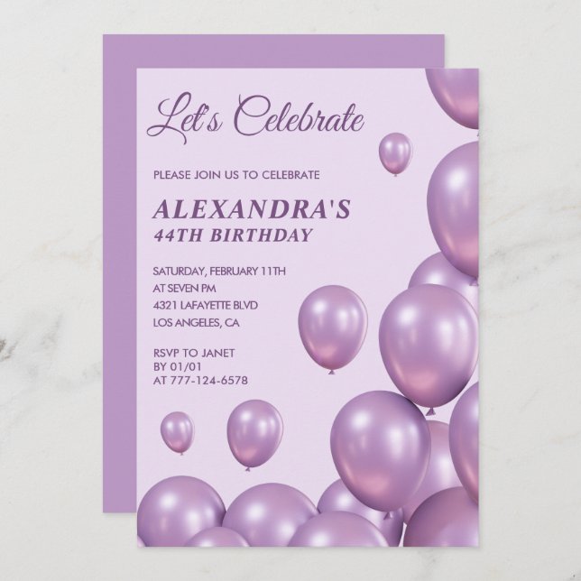 Invitations Chic 44e anniversaire Ballons violet (Devant / Derrière)
