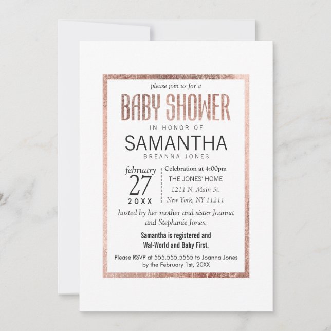 Invitations Chic Faux Rose Gold Baby Shower (Devant)