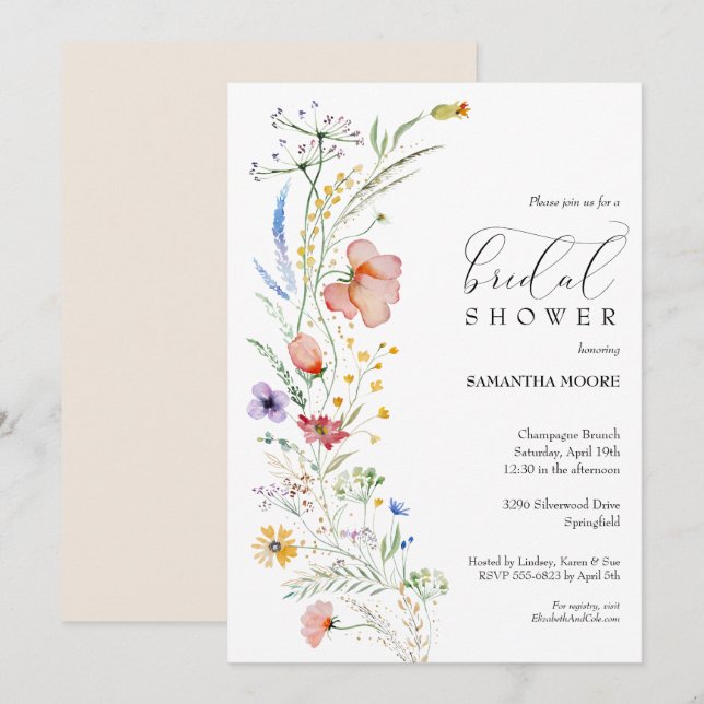 Invitations chic Fleurs sauvages de douche nuptial (Devant / Derrière)