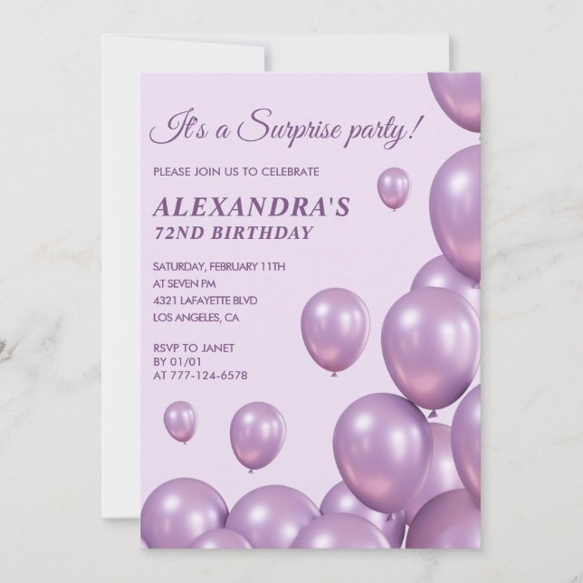 Invitations Chic Surprise Purple 72e anniversaire (Devant)