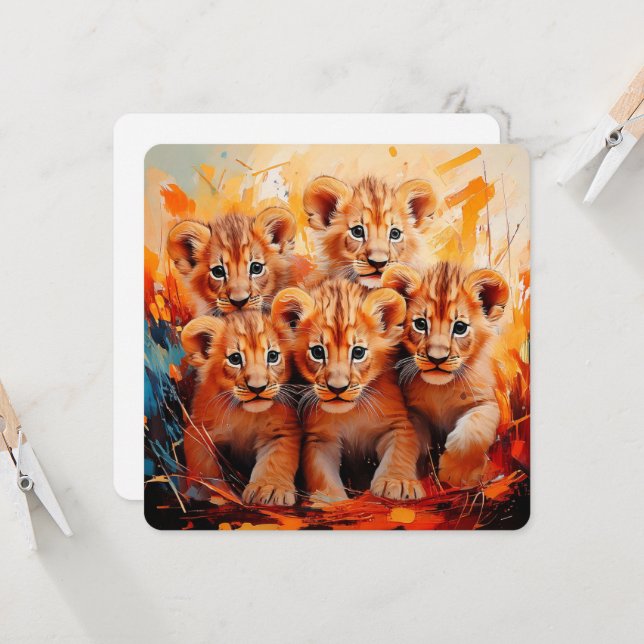 Invitations - Cinq Lionceaux Illustrés (Devant/Arrière en situation)