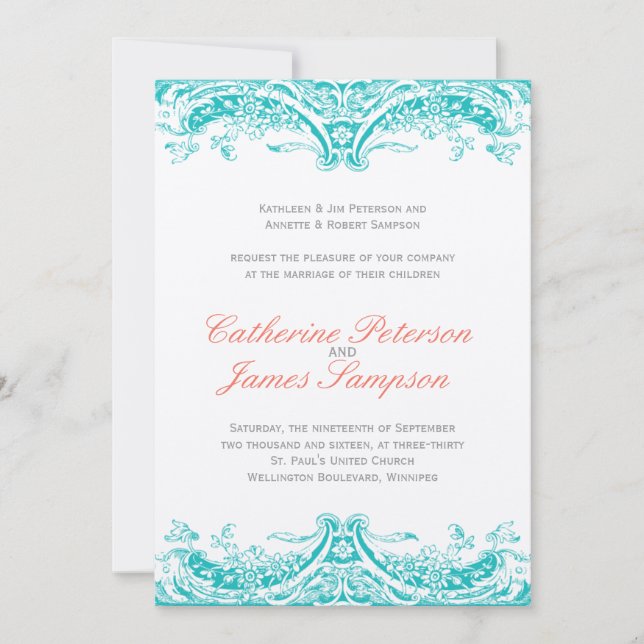 Invitations classiques de mariage turquoise et cor (Devant)