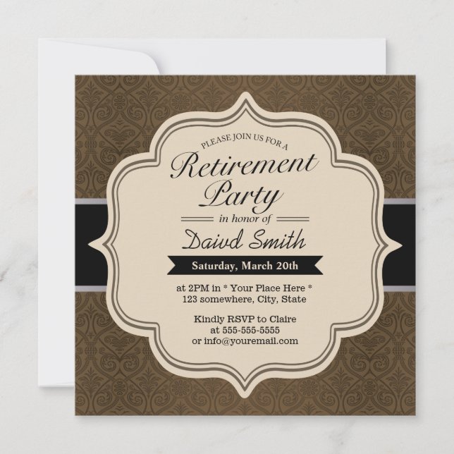 Invitations Classy Brown Damask Retraite Party (Devant)