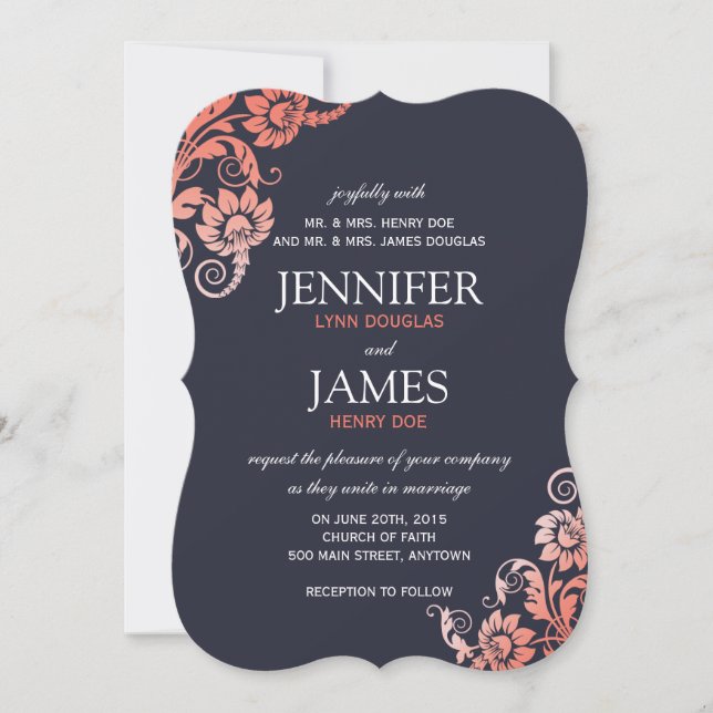 Invitations Classy Ombre Coral et Blue Wedding (Devant)