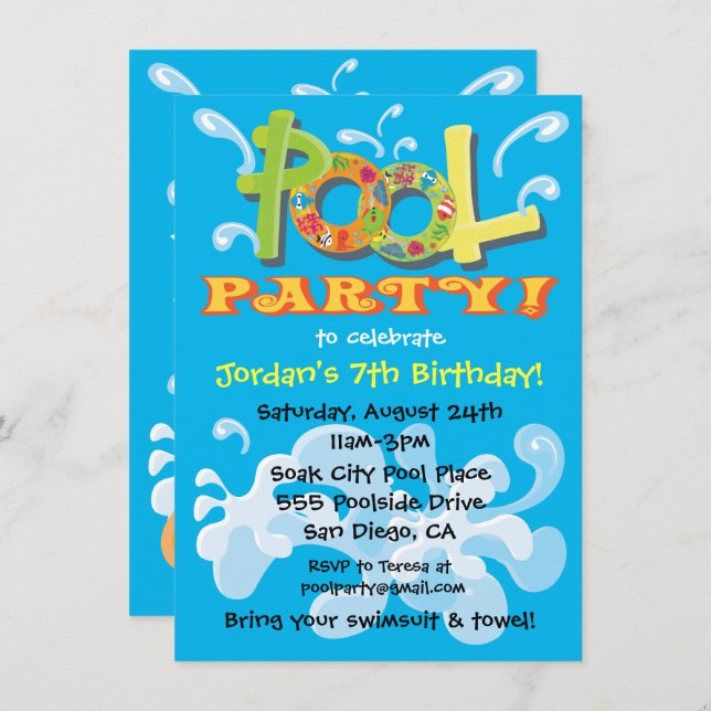 Invitations colorées de la fête de la piscine (Devant / Derrière)