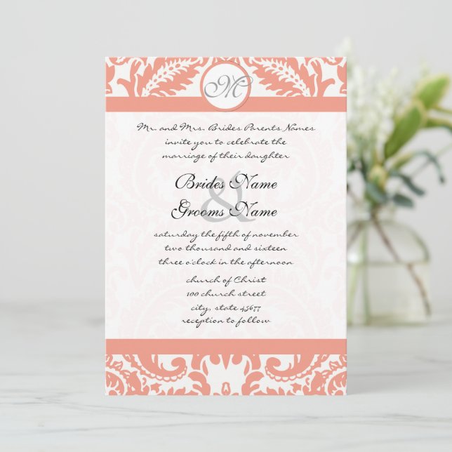 Invitations Coral & Grey Mariage damassé (Debout devant)