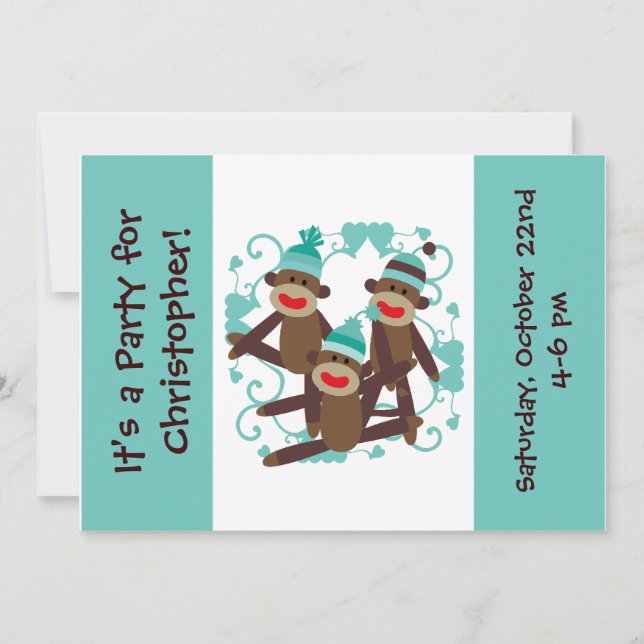 Invitations customisées Boy Sock Monkey 5x7 (Devant)