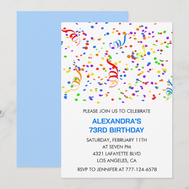 Invitations d'anniversaire 73 ans simples Confetti (Devant / Derrière)