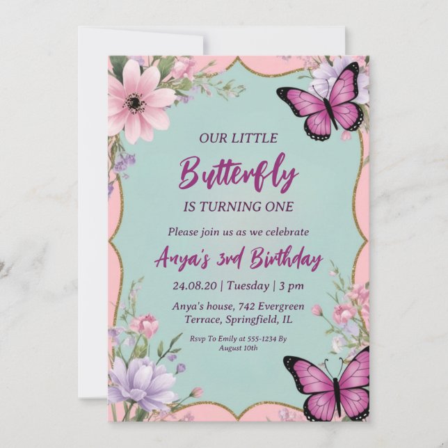 invitations d'anniversaire aux papillons roses et  (Devant)