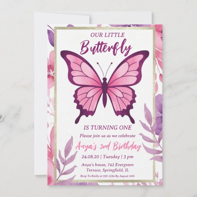 invitations d'anniversaire aux papillons roses et  (Devant)