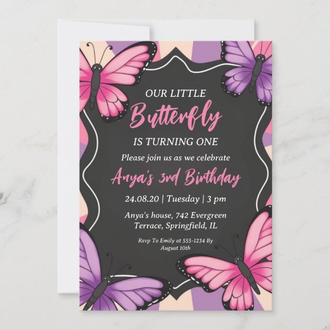 invitations d'anniversaire aux papillons roses et  (Devant)