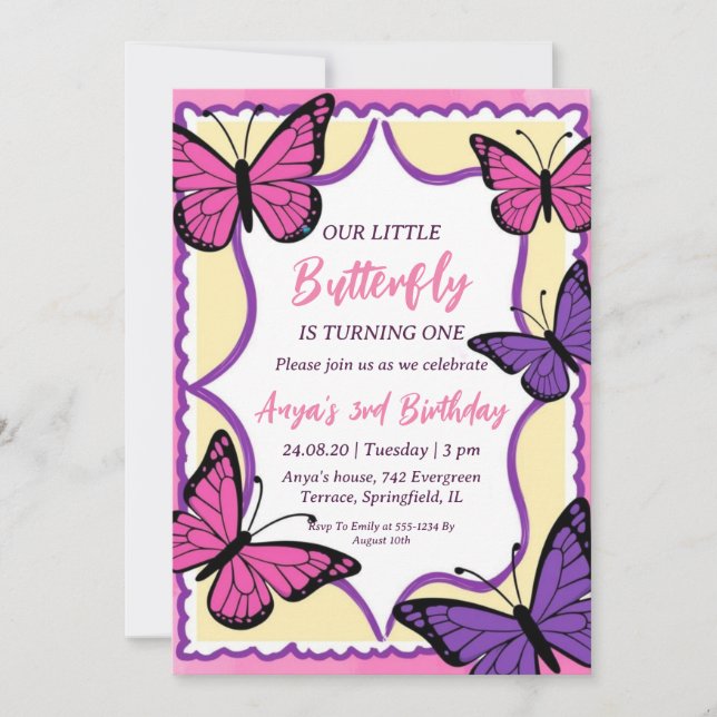 invitations d'anniversaire aux papillons roses et  (Devant)