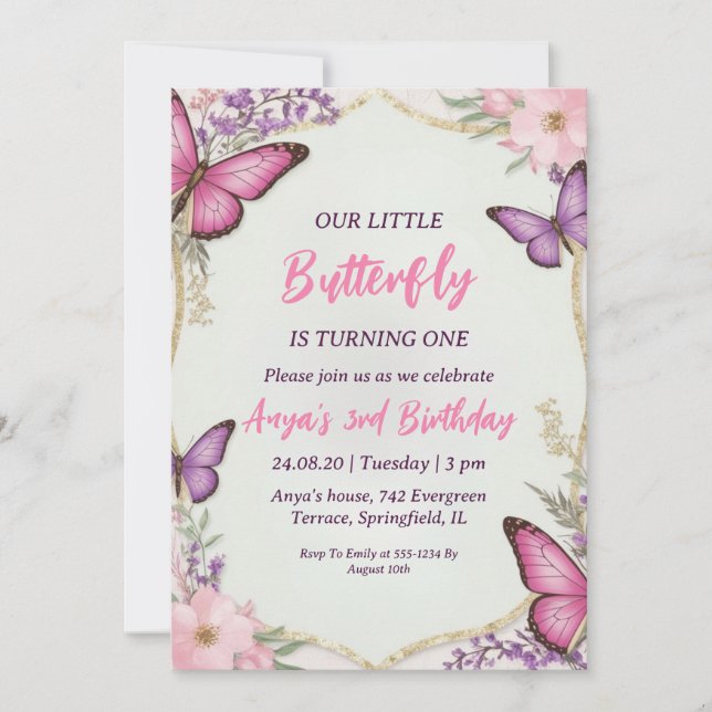 invitations d'anniversaire aux papillons roses et  (Devant)