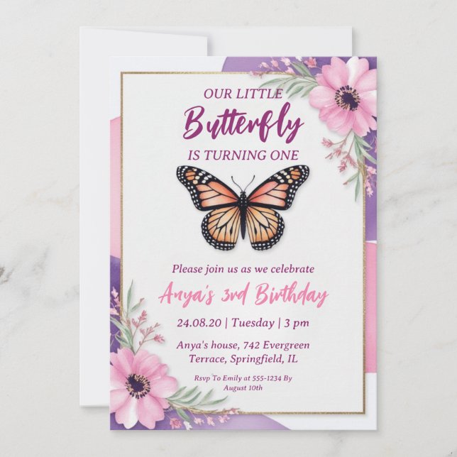 invitations d'anniversaire aux papillons roses et  (Devant)