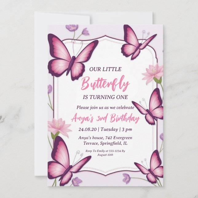 invitations d'anniversaire aux papillons roses et  (Devant)
