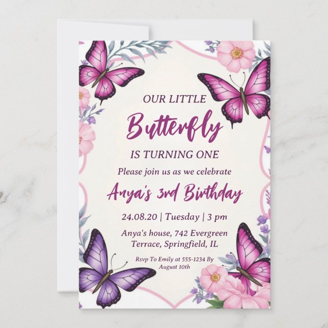 invitations d'anniversaire aux papillons roses et  (Devant)