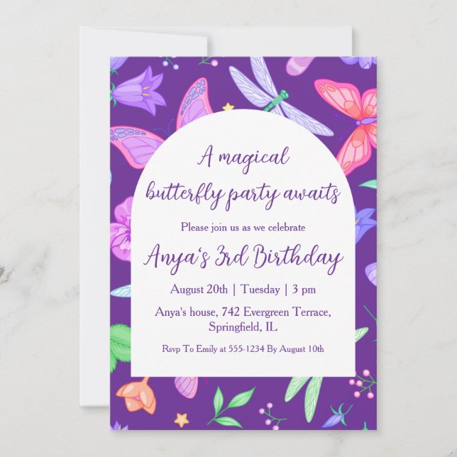 Invitations d'anniversaire aux papillons violets (Devant)