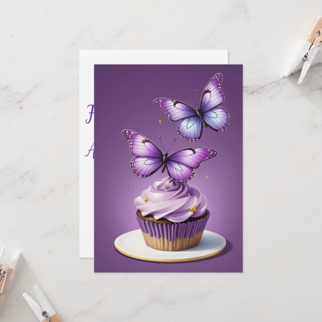 Invitations d'anniversaire aux papillons violets (Devant/Arrière en situation)
