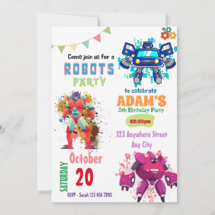 Invitations d'anniversaire aux robots colorés