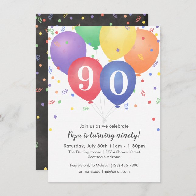 Invitations d'anniversaire avec ballons de couleur (Devant / Derrière)