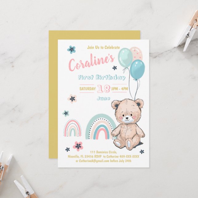 Invitations d'anniversaire avec un ours en peluche (Devant/Arrière en situation)