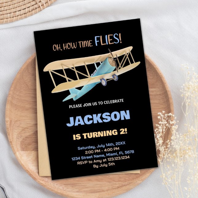 Invitations d'anniversaire d'avion bleu noir (Black Blue Green Airplane Birthday Invitations)