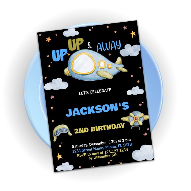 Invitations d'anniversaire d'avion bleu noir (Airplane Birthday Invitations Blue Black)