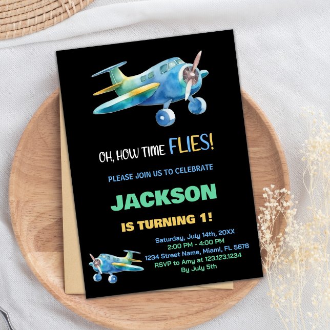 Invitations d'anniversaire d'avion bleu noir (Black Blue Green Airplane Birthday Invitations)
