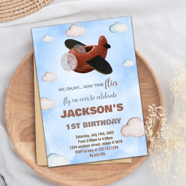 Invitations d'anniversaire d'avion Brown bleu (Blue Brown Airplane Birthday Invitations)