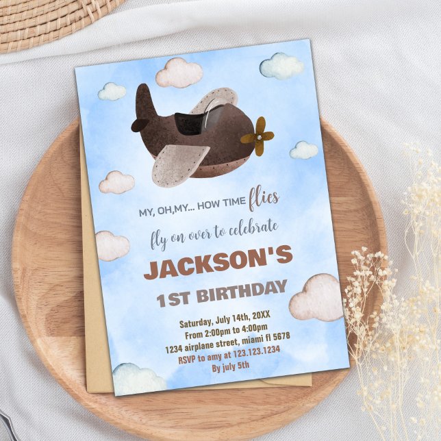 Invitations d'anniversaire d'avion Brown bleu (Blue Brown Airplane Birthday Invitations)