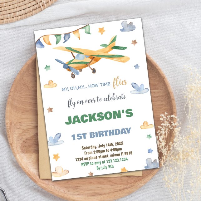 Invitations d'anniversaire d'avion jaune vert (Yellow Green Airplane Birthday Invitations)