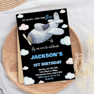 Invitations d'anniversaire d'avion noir gris bleu