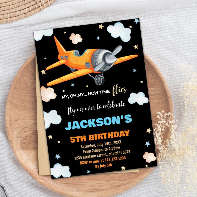 Invitations d'anniversaire d'avion Orange Black BK (Airplane Birthday Invitations Orange Black BK)