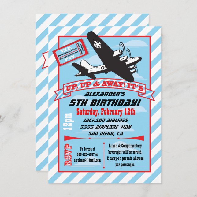 Invitations d'anniversaire d'avion Retro (Devant / Derrière)