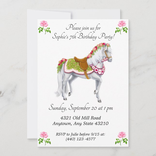 Invitations d'anniversaire de cheval de Rose (Devant)
