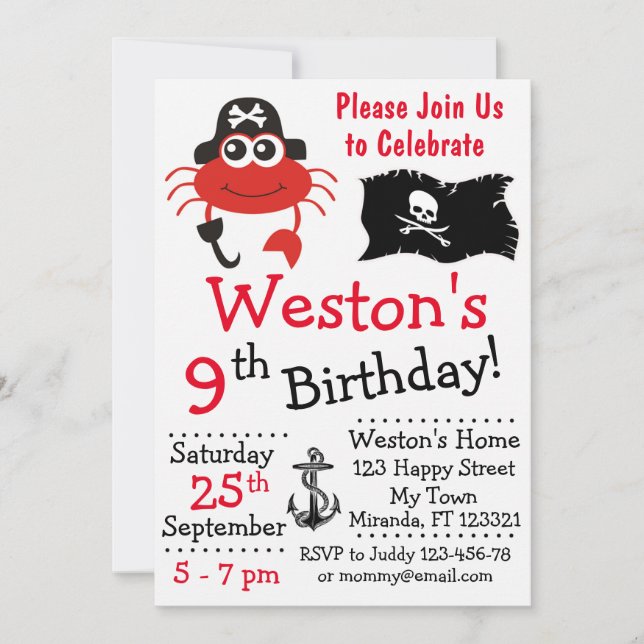 Invitations d'anniversaire de crabe pirate (Devant)