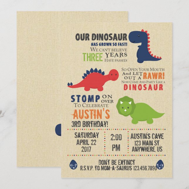 Invitations d'anniversaire de Dinosaur (Devant / Derrière)