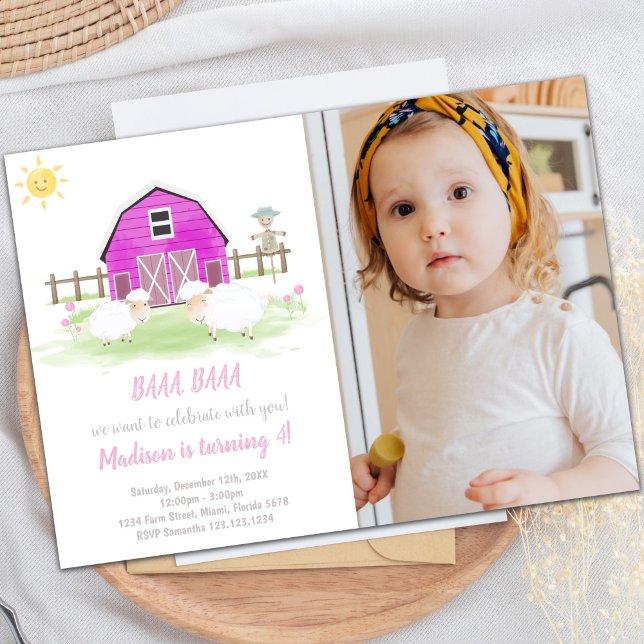 Invitations d'anniversaire de ferme personnalisabl (Pink House Farm Invitations with photo)
