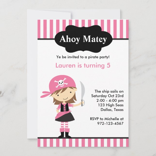 Invitations d'anniversaire de fille rose Pirate (Devant)