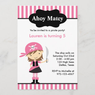 Invitations d'anniversaire de fille rose Pirate