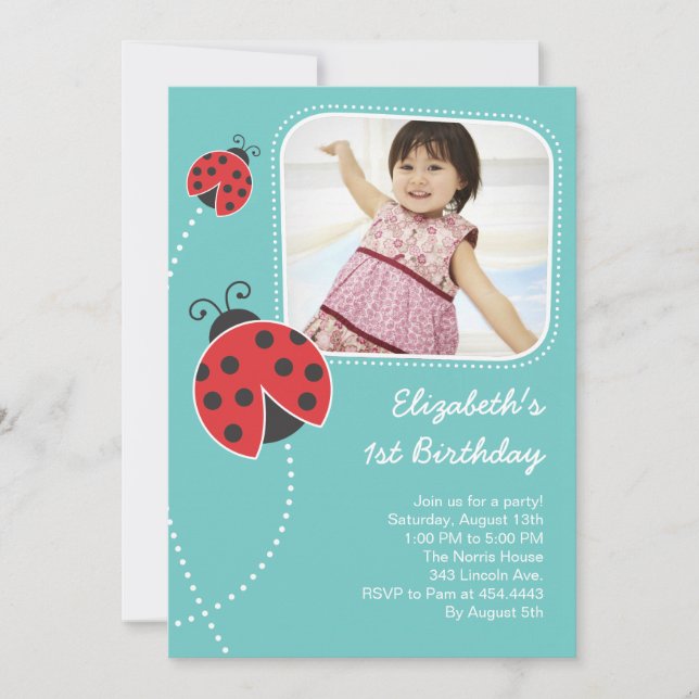 Invitations d'anniversaire de la coccinelle bleue  (Devant)