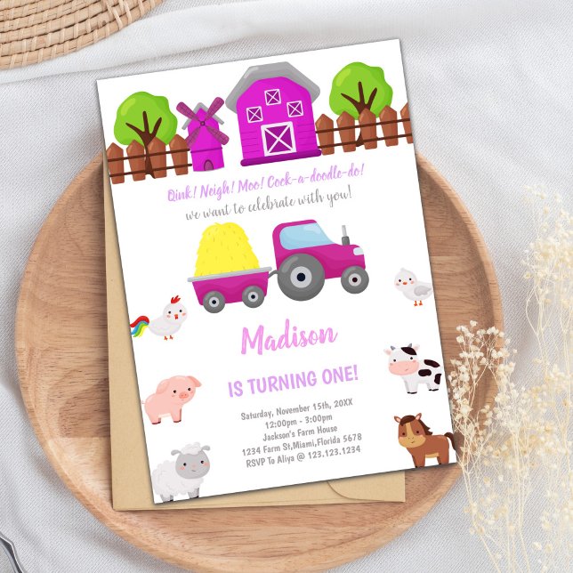 Invitations d'anniversaire de la ferme rose (Pink Farm Birthday Invitations)