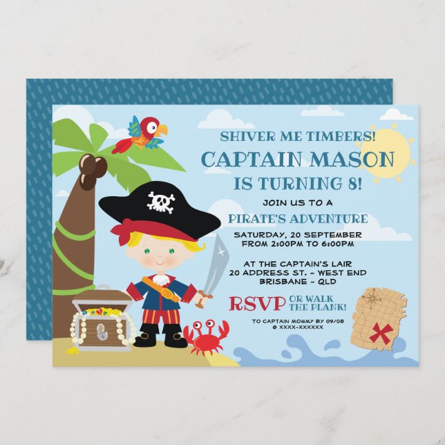 Invitations d'anniversaire de la fête du pirate (Devant / Derrière)