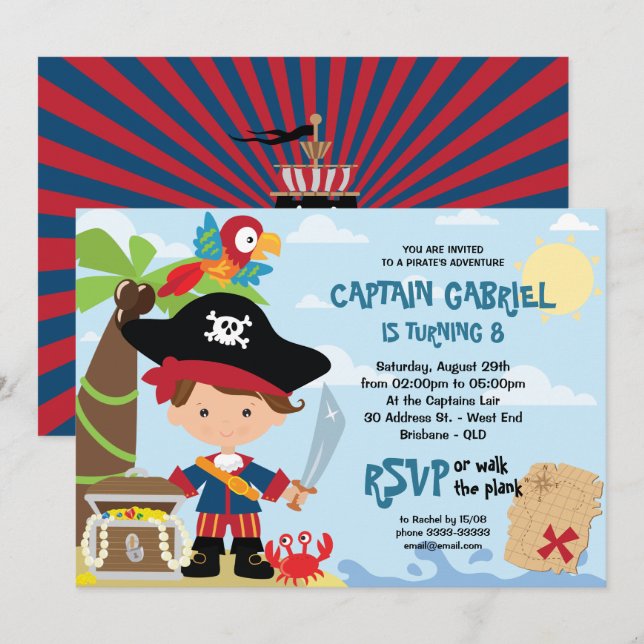 Invitations d'anniversaire de la fête du pirate (Devant / Derrière)