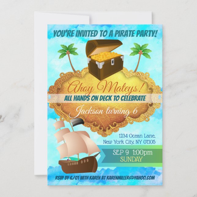 Invitations d'anniversaire de la fête du pirate (Devant)