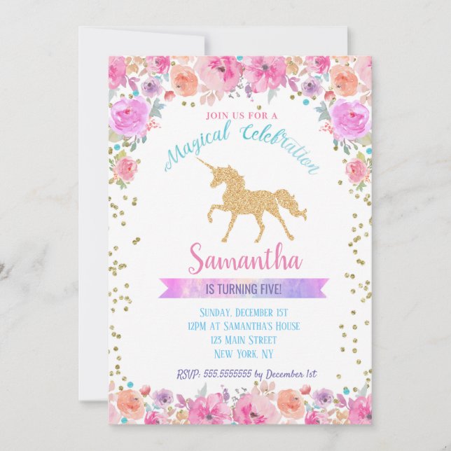 Invitations d'anniversaire de la licorne (Devant)