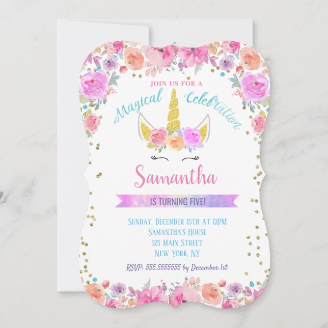 Invitations d'anniversaire de la licorne (Devant)