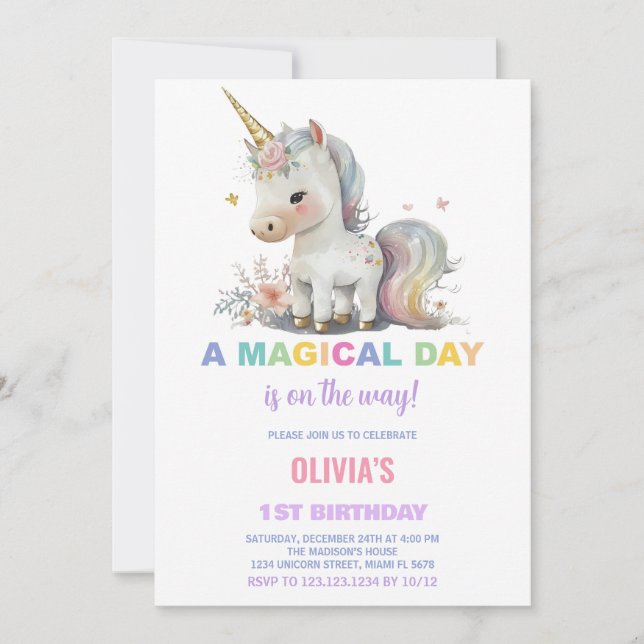 Invitations d'anniversaire de la licorne blanche (Devant)